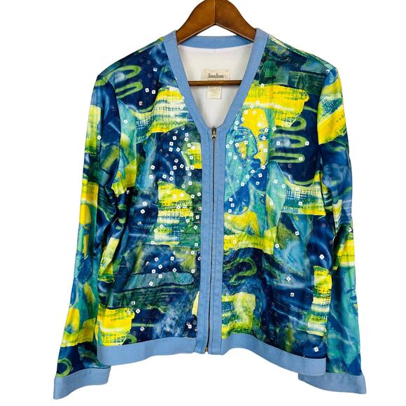 Vintage Neiman Marcus Exclusive Sequin Silk Jacket V Neck Zip - L - Picture 1 of 6